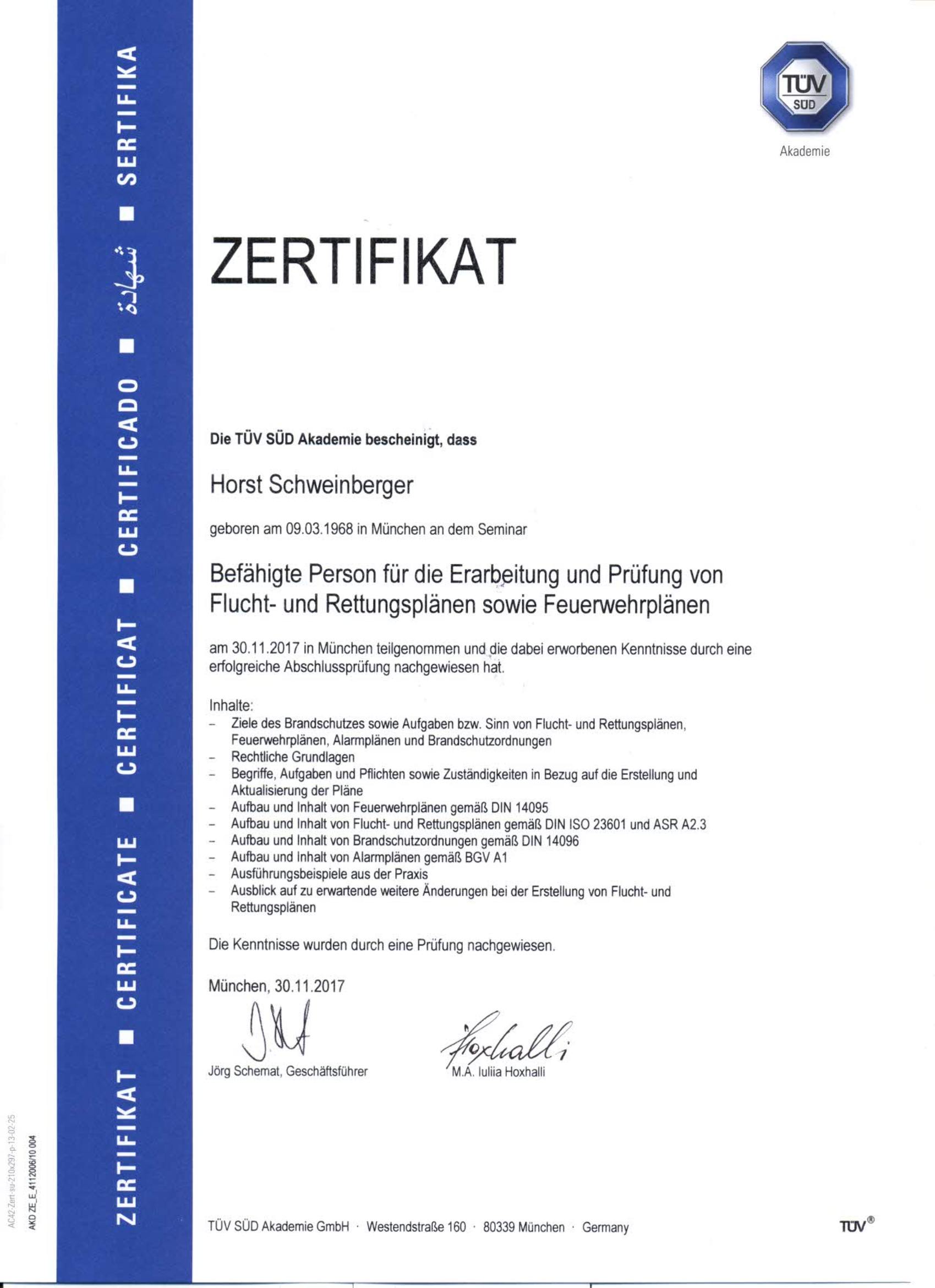 Zertifikat: Befähigte Person für die Erarbeitung und Prüfung von Flucht- und Rettungsplänen sowie Feuerwehrplänen (2017)