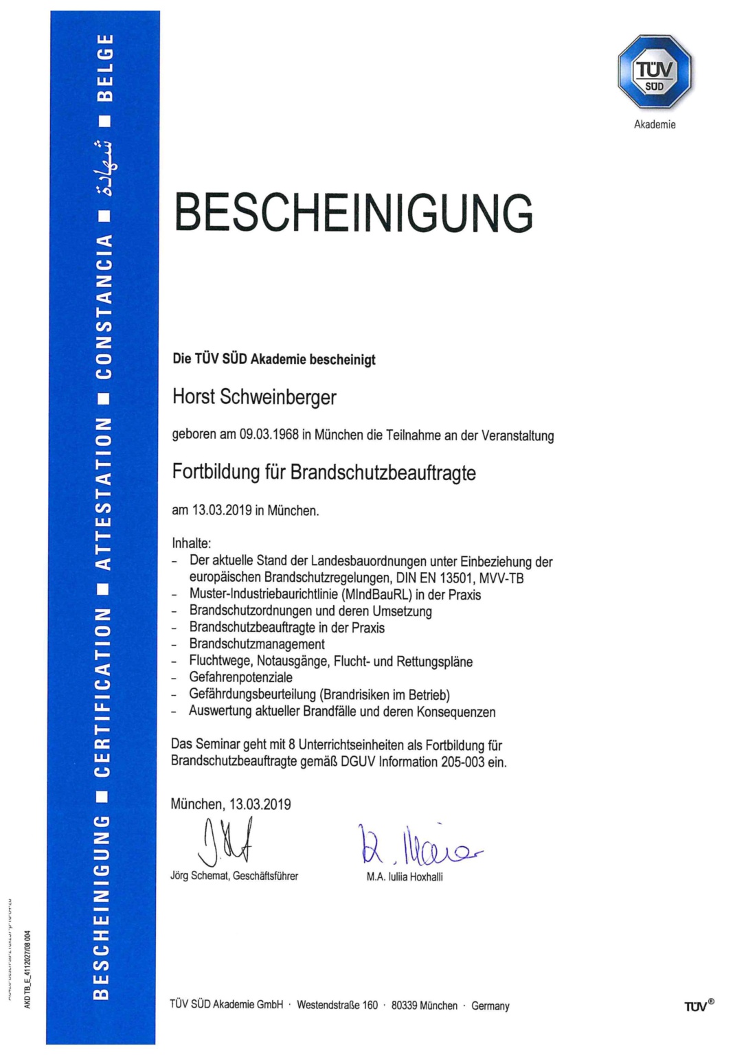 Bescheinigung: TÜV Fortbildung Brandschutzbeauftragter 2019