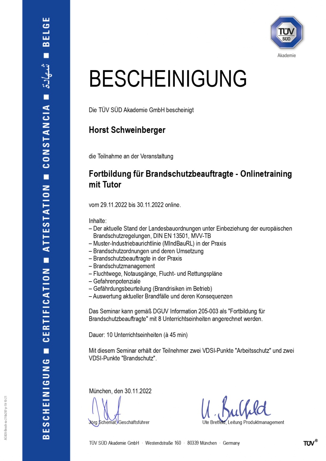 Bescheinigung: TÜV Fortbildung Brandschutzbeauftragter 2022