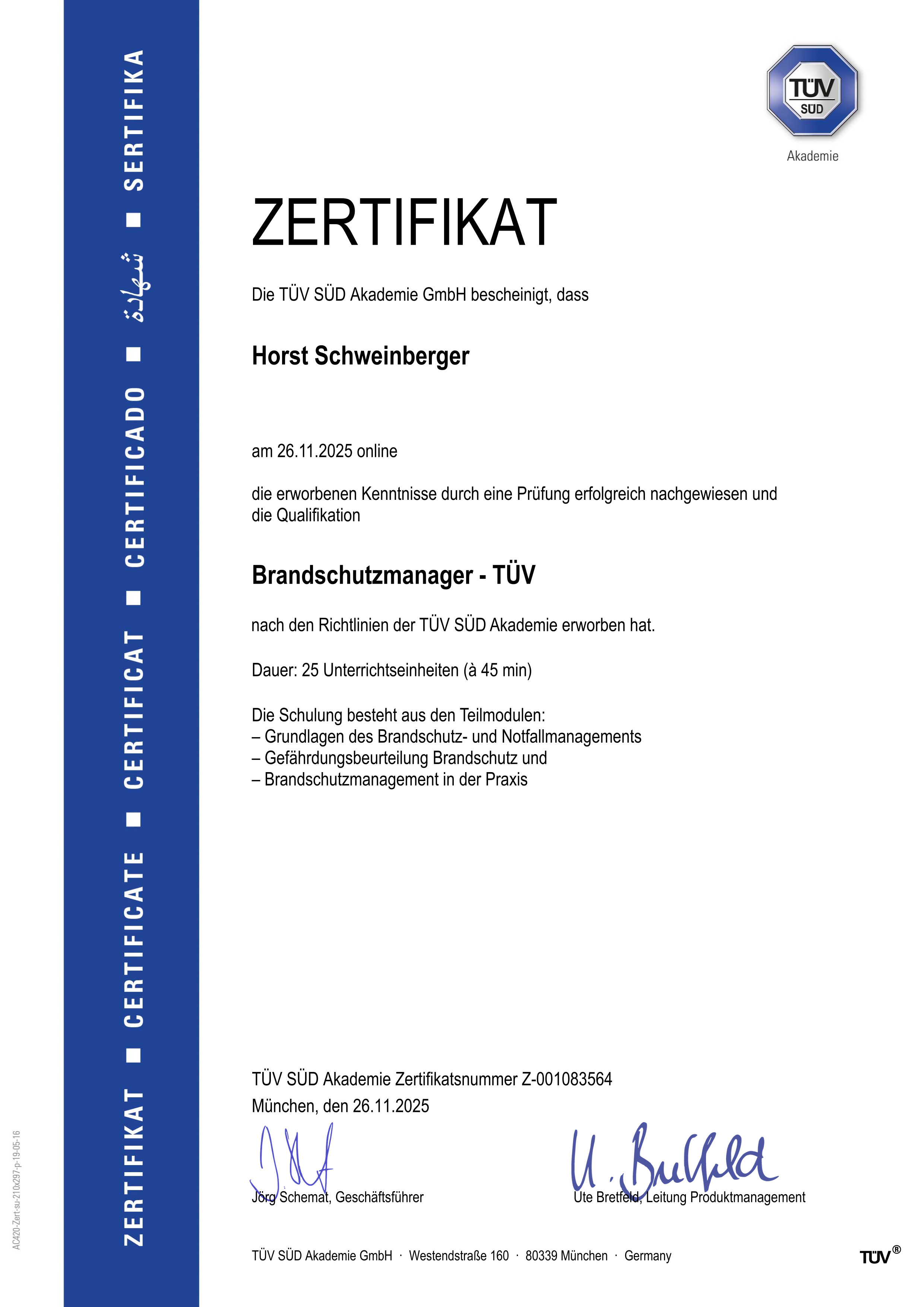 Zertifikat: TÜV Brandschutzmanager 2025